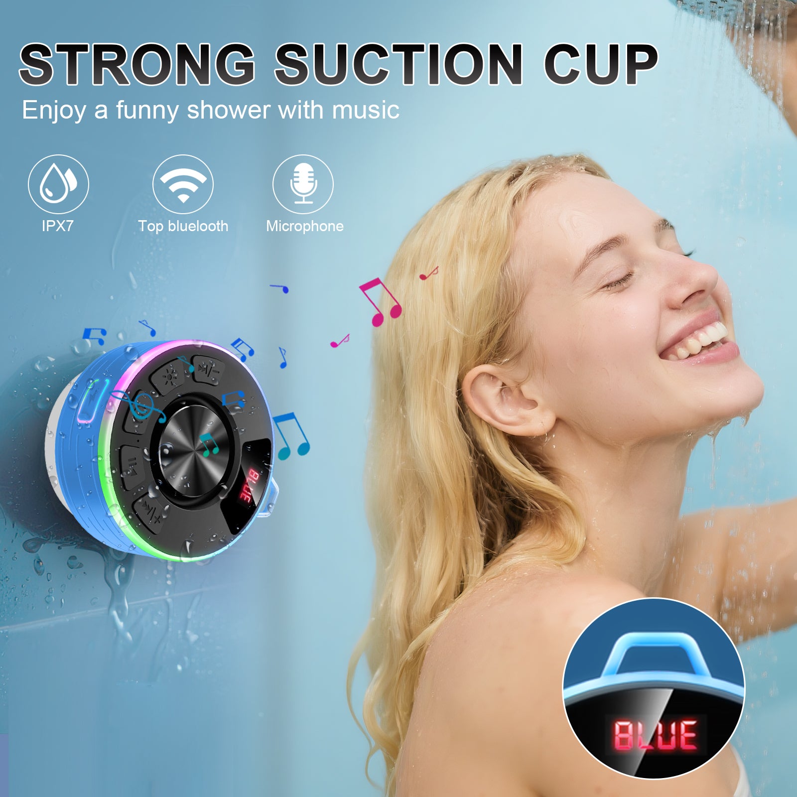 Tukio Bluetooth Speaker, lPX7 Waterproof Shower Portable Speaker with LED Light, Bluetooth 5.4 HD Stereo Sound, Digital Display with Suction Cup, Wireless Speaker for Outdoor Party Beach Bathroom