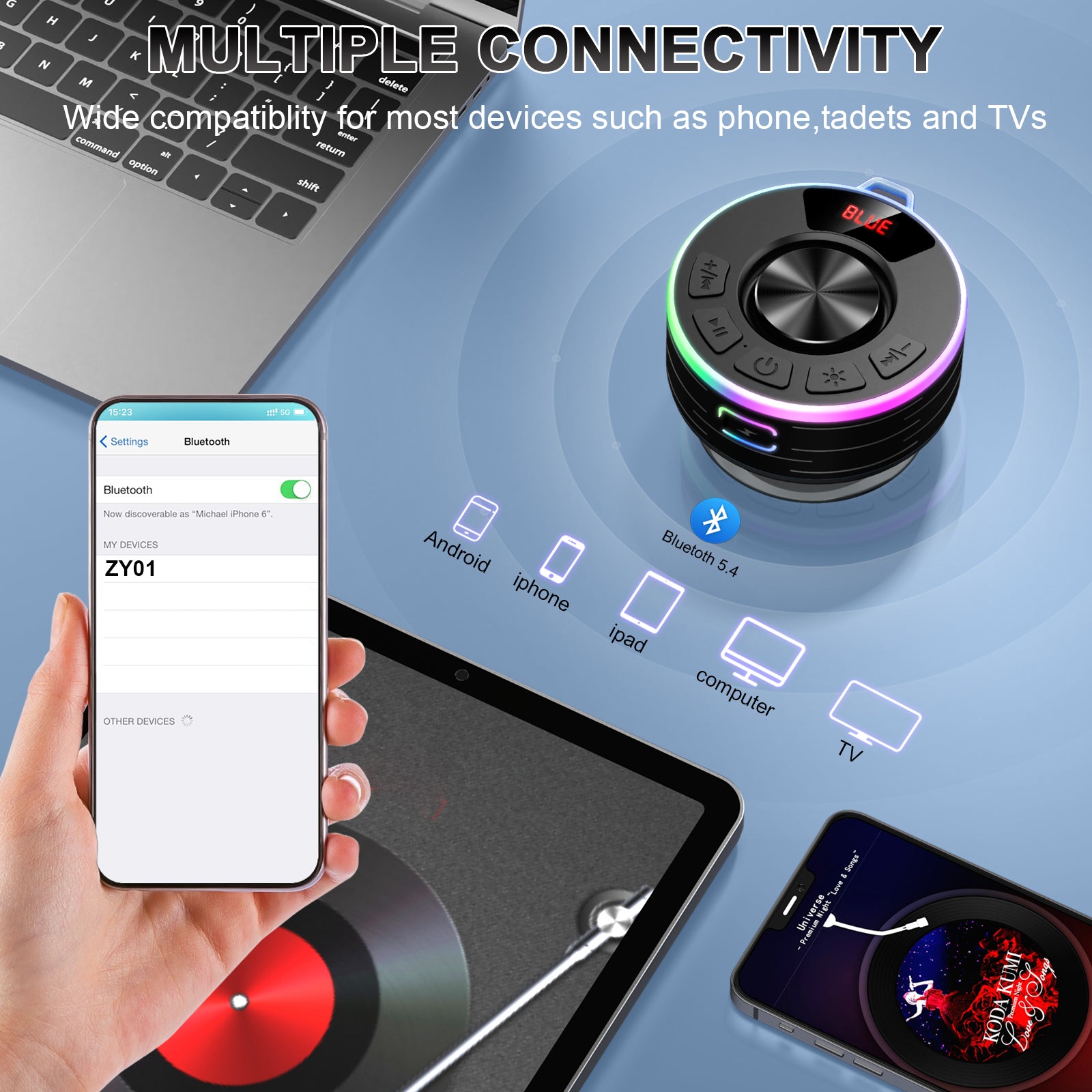 Tukio Bluetooth Speaker, lPX7 Waterproof Shower Portable Speaker with LED Light, Bluetooth 5.4 HD Stereo Sound, Digital Display with Suction Cup, Wireless Speaker for Outdoor Party Beach Bathroom