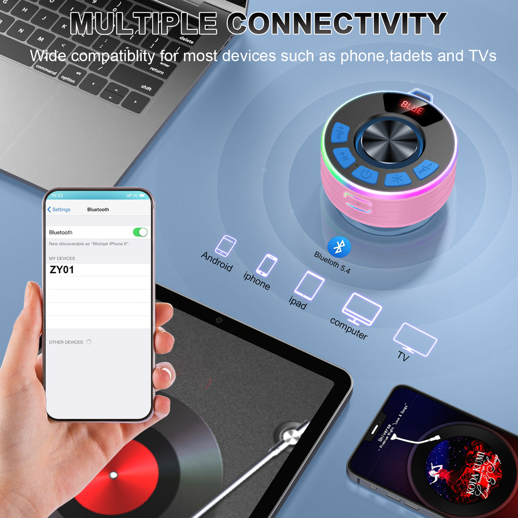 Tukio Bluetooth Speaker, lPX7 Waterproof Shower Portable Speaker with LED Light, Bluetooth 5.4 HD Stereo Sound, Digital Display with Suction Cup, Wireless Speaker for Outdoor Party Beach Bathroom