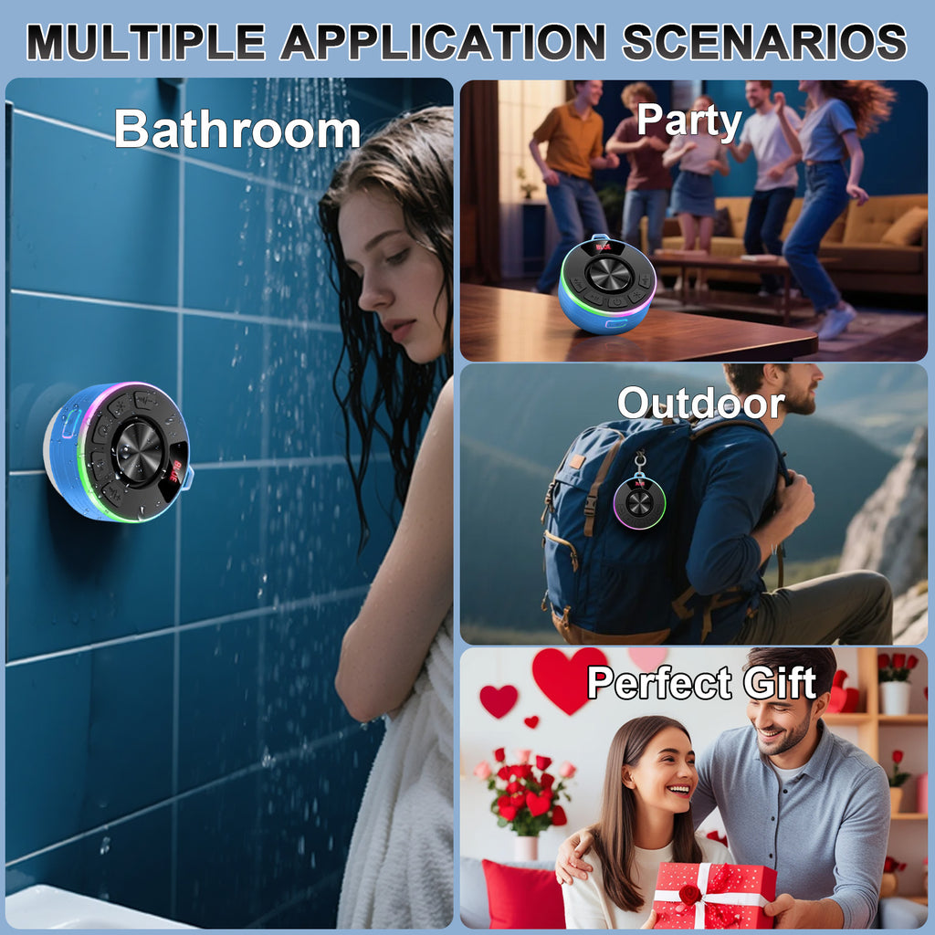 Tukio Bluetooth Speaker, lPX7 Waterproof Shower Portable Speaker with LED Light, Bluetooth 5.4 HD Stereo Sound, Digital Display with Suction Cup, Wireless Speaker for Outdoor Party Beach Bathroom