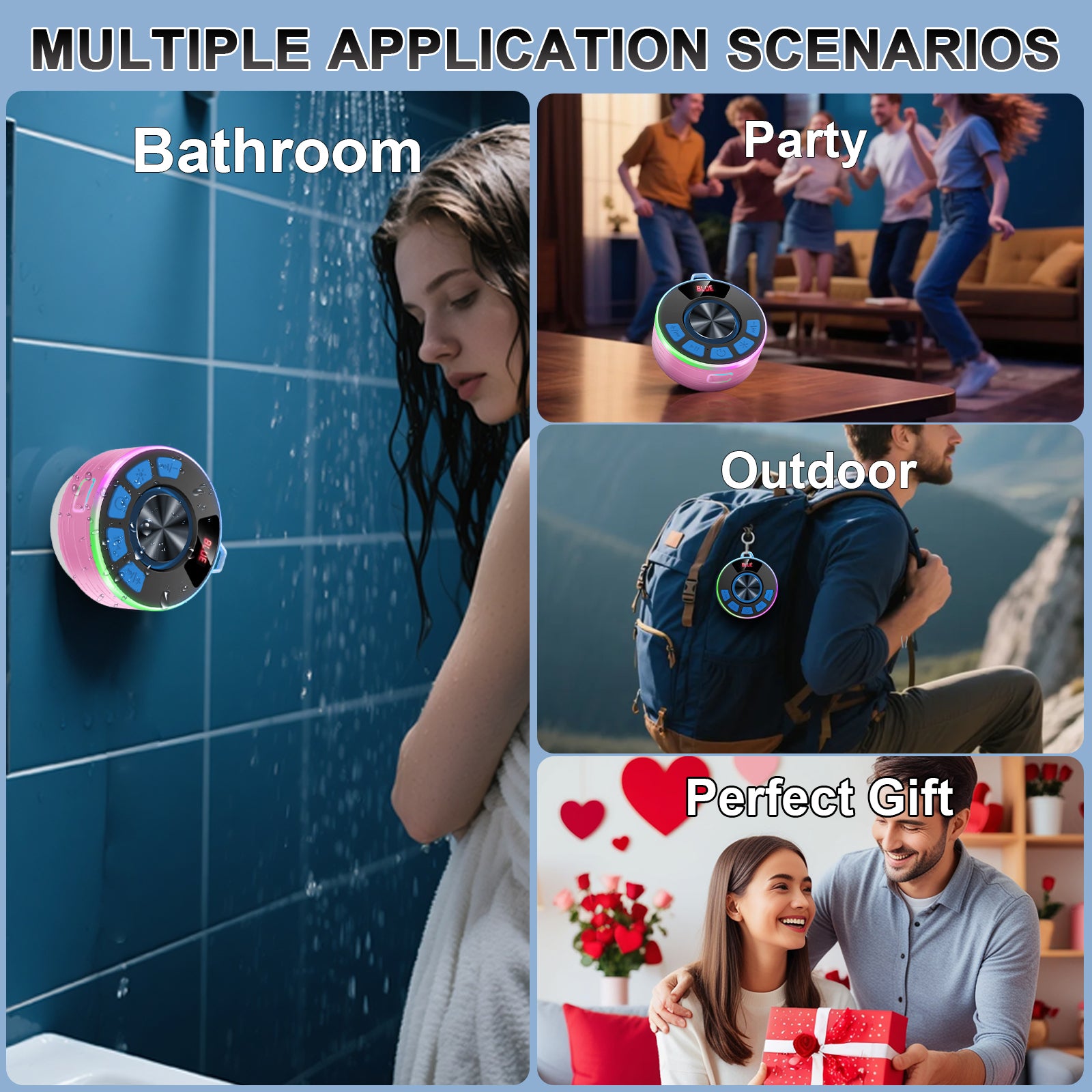 Tukio Bluetooth Speaker, lPX7 Waterproof Shower Portable Speaker with LED Light, Bluetooth 5.4 HD Stereo Sound, Digital Display with Suction Cup, Wireless Speaker for Outdoor Party Beach Bathroom